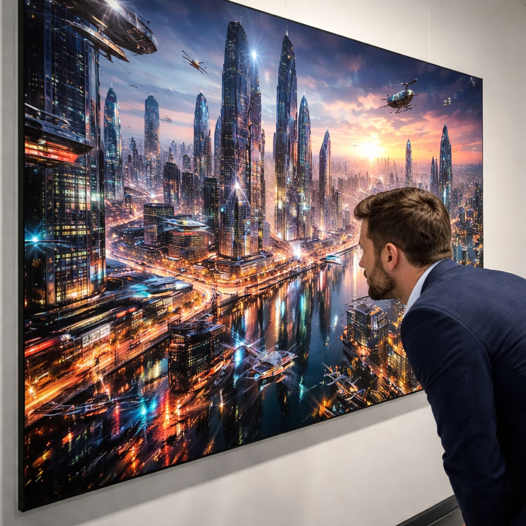 Professional photo of a person closely inspecting a large, highly detailed 4K print of a futuristic city, showcasing incredible texture, reflections and color depth. The print is hanging in a gallery.