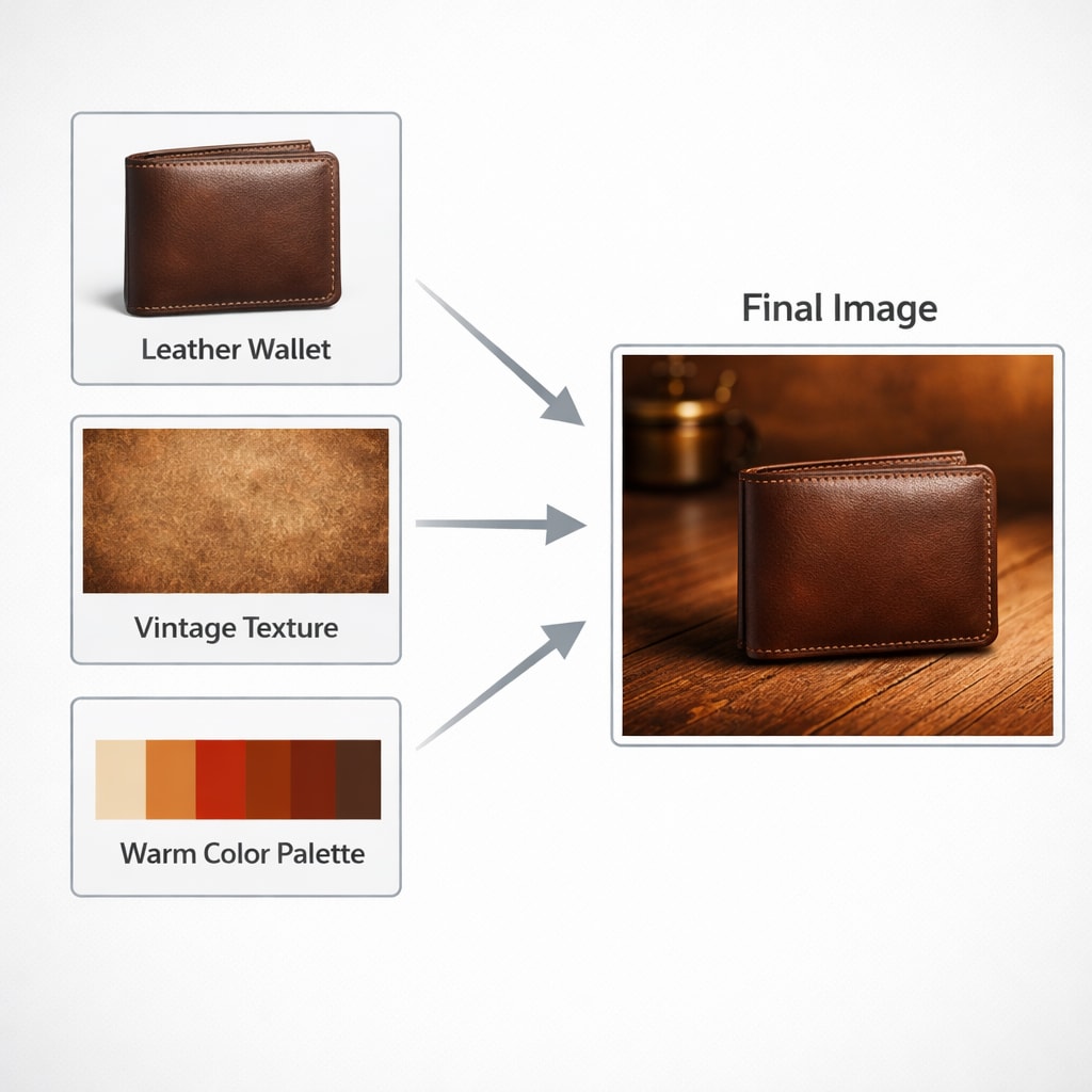 Clean infographic diagram showing multiple source images (a leather wallet, a vintage texture, a warm color palette) with arrows pointing to a single, beautifully rendered final image of the wallet on