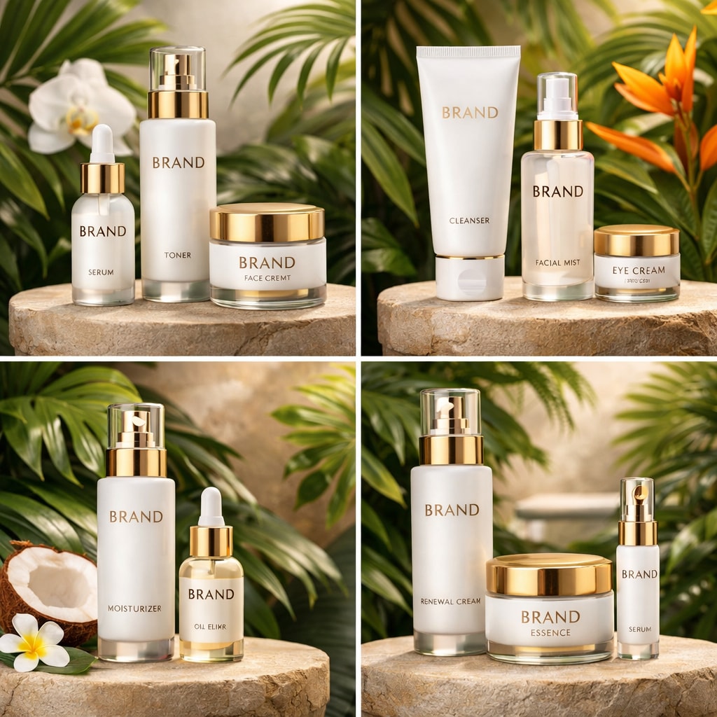 A collection of stunning, cohesive product shots for an e-commerce store, featuring skincare bottles on a pedestal with exotic plants in the background, all with perfect lighting and consistent brandi