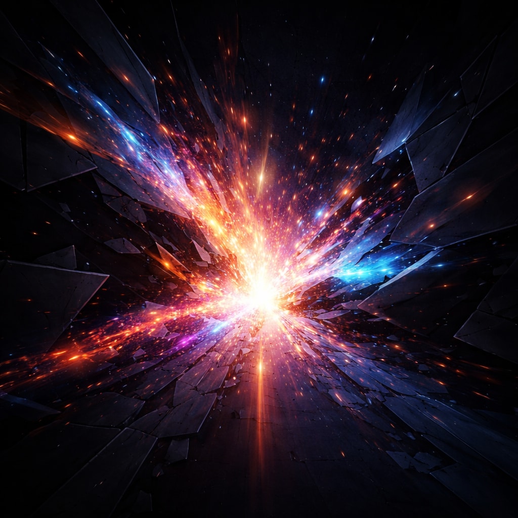 Abstract digital art representing creative freedom, glowing energy particles breaking through a dark geometric barrier, high contrast, cinematic feel.