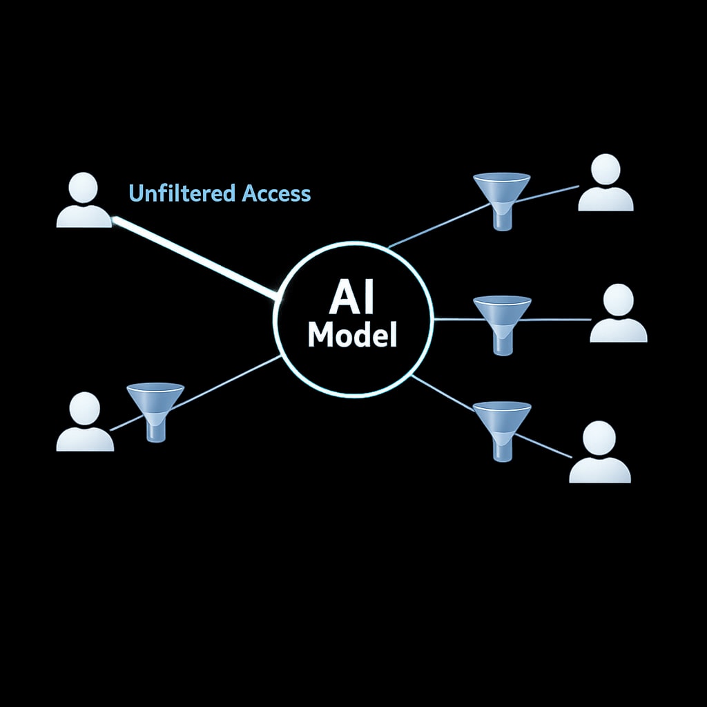 Minimalist infographic diagram showing a central glowing node 'AI Model' connected to user icons. One connection is a thick, bright line labeled 'Unfiltered Access', others are thin and pass through a