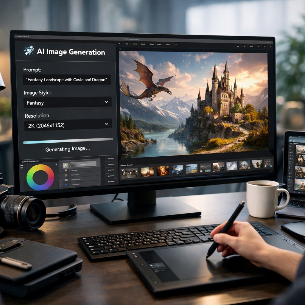 Professional photo of AI-generated high-resolution 2K image being created, creative workspace with digital art tools, modern technology atmosphere, clean composition