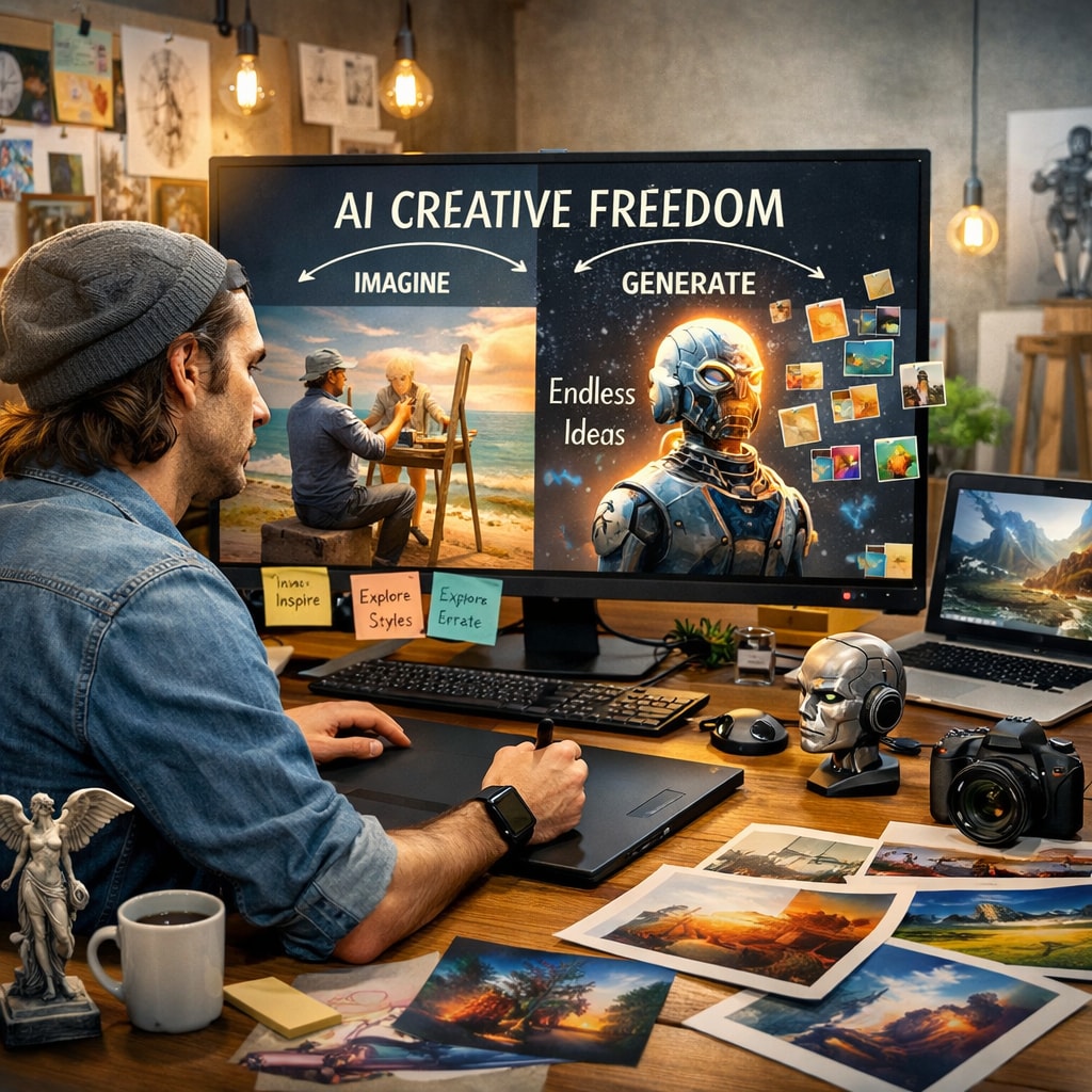 Designer working freely with AI image generator, creative freedom concept, unlimited iterations of visual ideas, professional creative process lifestyle photo