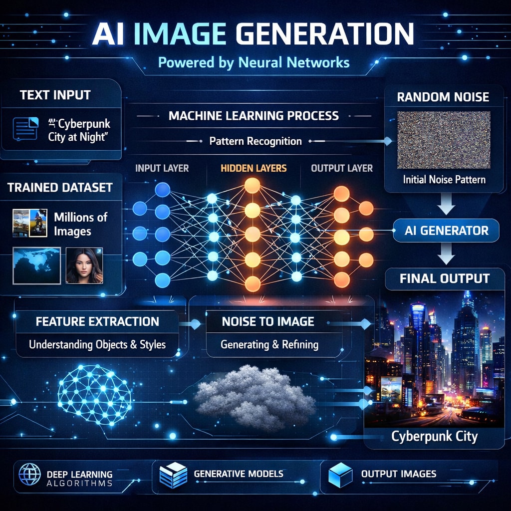 Futuristic AI technology concept, neural network visualization, abstract representation of machine learning for image generation, modern tech infographic style