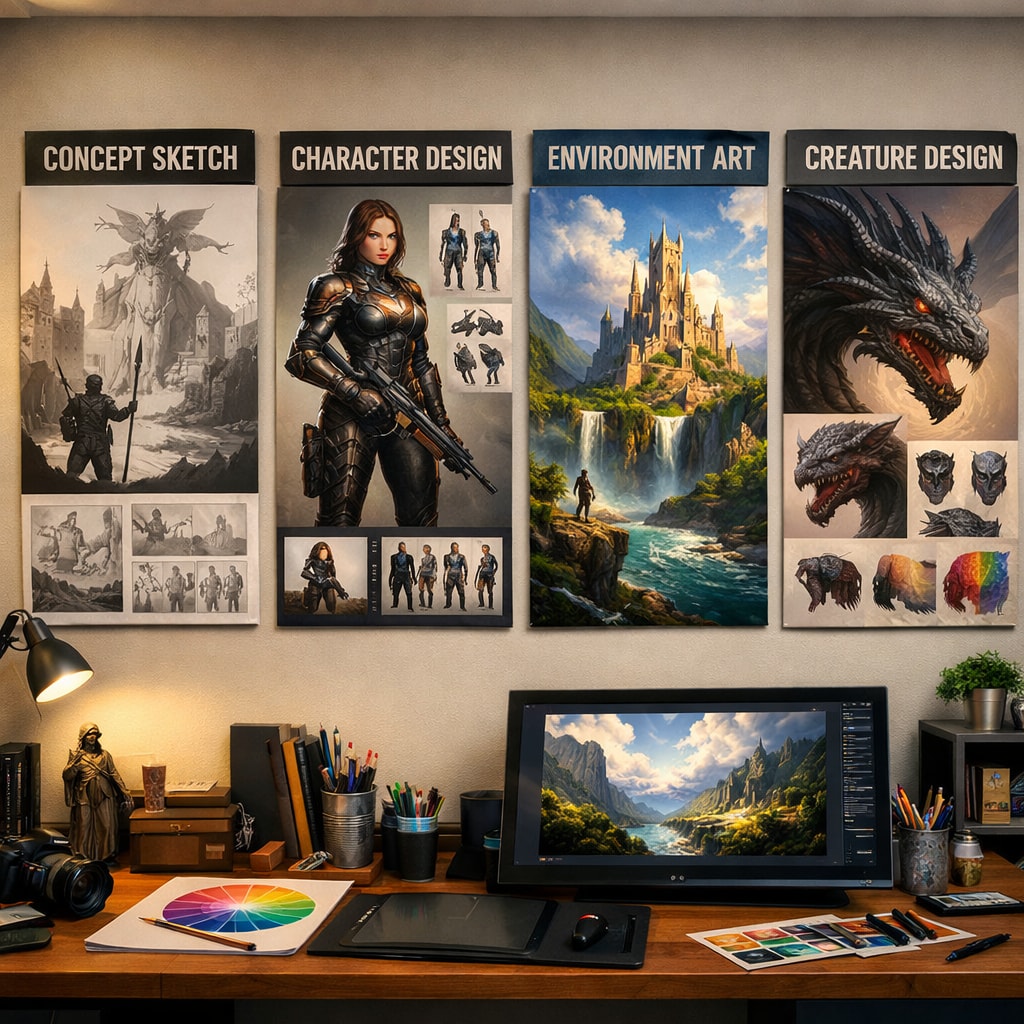 Professional photo of high-quality digital artwork samples, vibrant detailed images on display, creative studio environment, 4K resolution prints on wall
