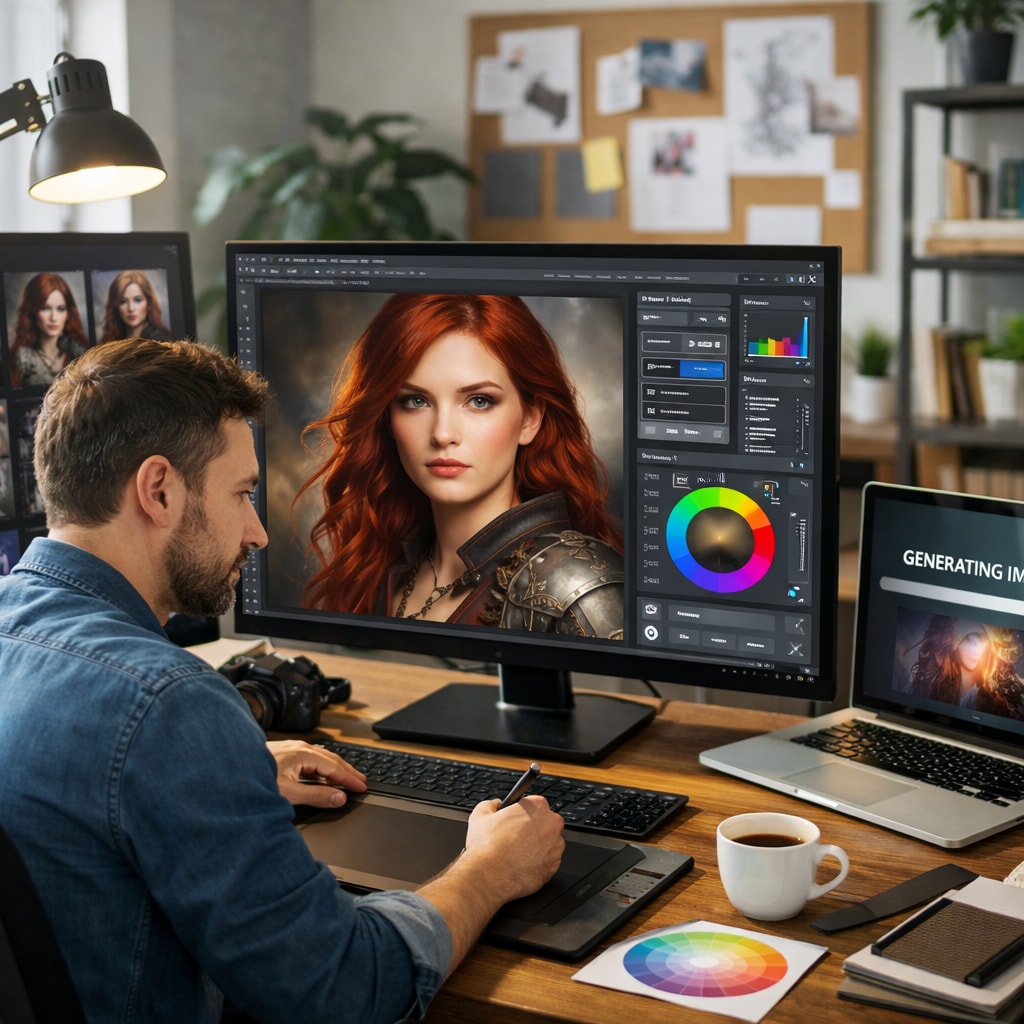 Lifestyle photo of graphic designer working with AI-generated portrait image, professional color grading, natural lighting, modern workspace setup