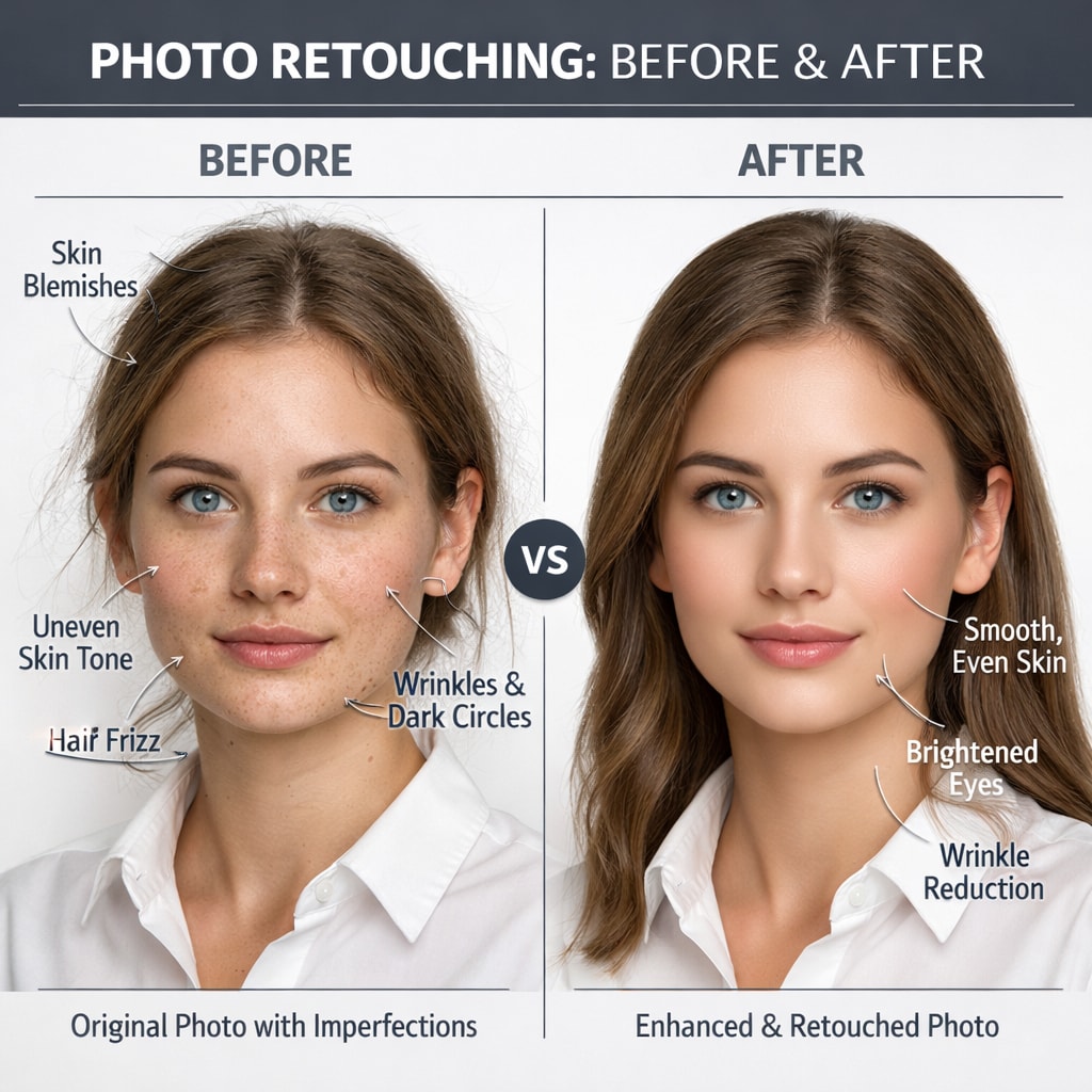 Product shot comparison showing before and after image editing results, facial features preservation, professional retouching, high fidelity details side by side