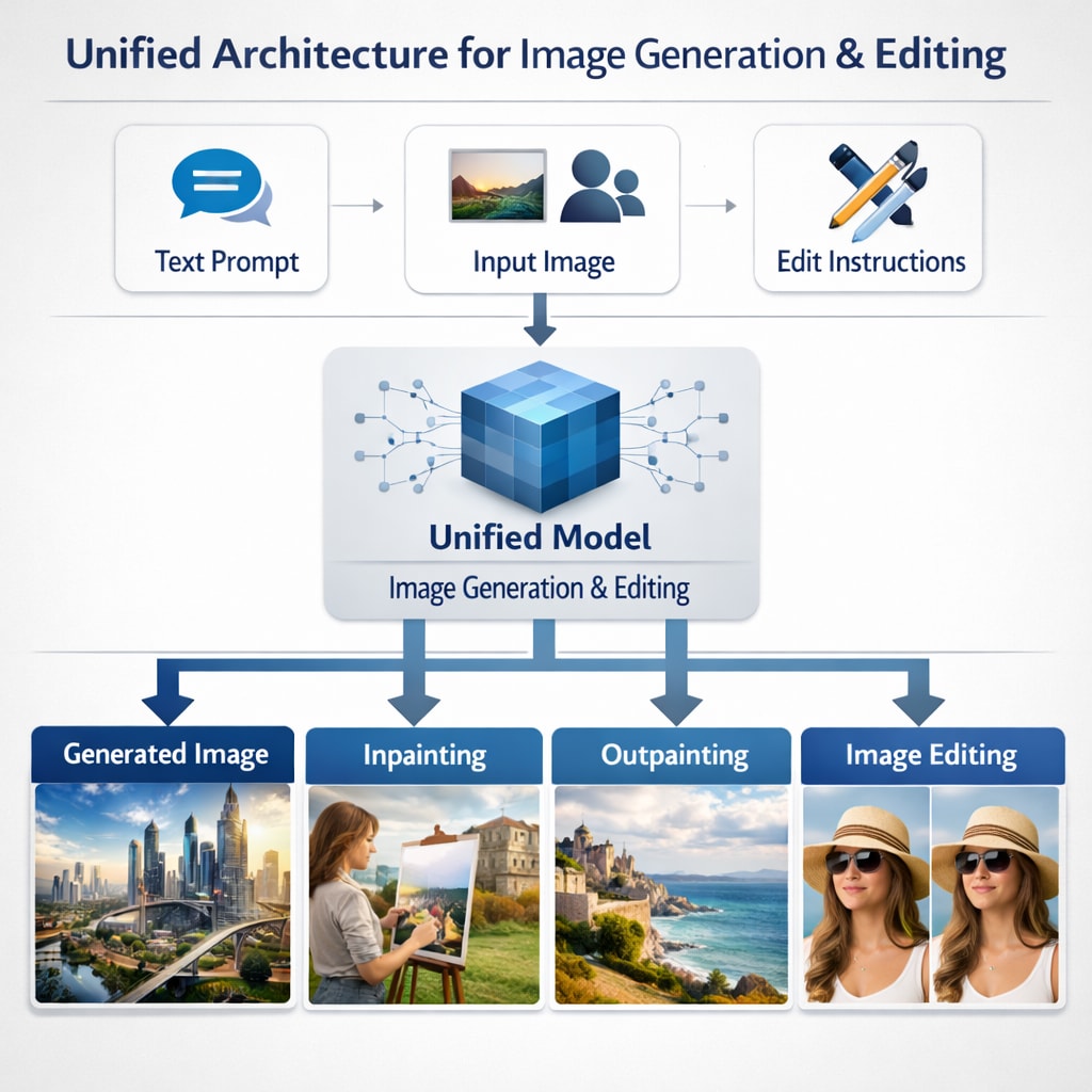 Infographic diagram showing unified architecture for image generation and editing workflow, clean professional design, process flow visualization