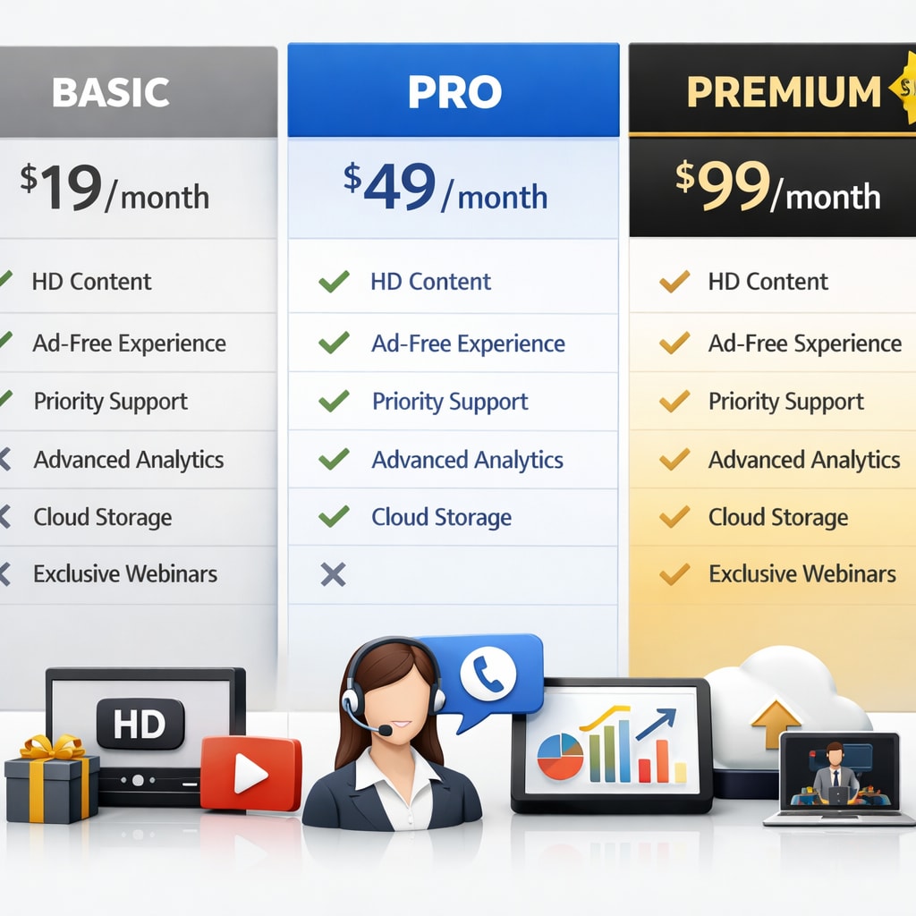 Product photography of premium subscription benefits visualization, professional tier comparison, feature highlights, modern corporate presentation style