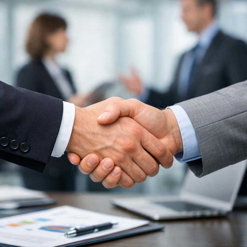 Handshake between partners, collaboration concept, professional business environment, close-up shot with blurred office background, professional photo