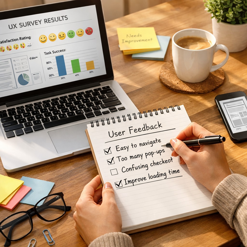 Person writing feedback on notepad with laptop nearby, user experience research scene, cozy workspace, natural lighting, lifestyle photo